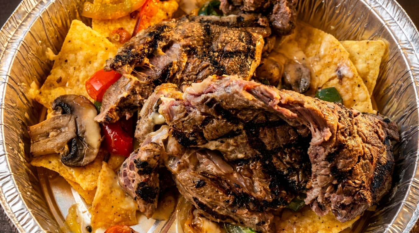 Grilled steak, mushrooms, and bell peppers on a bed of nachos in a foil container.