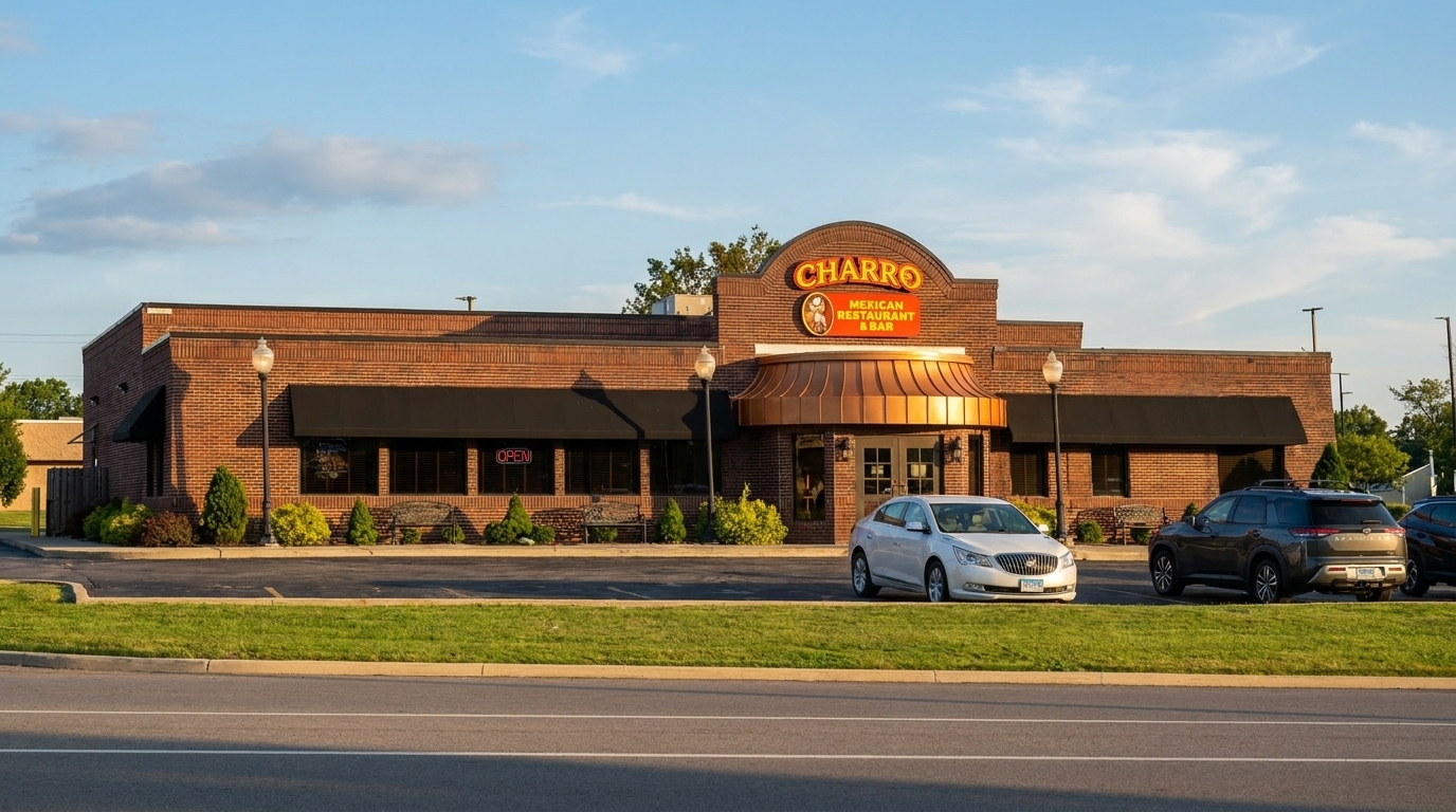 Charro Mexican Restaurant & Bar, a brick building with a copper awning and black window awnings, at dusk.
