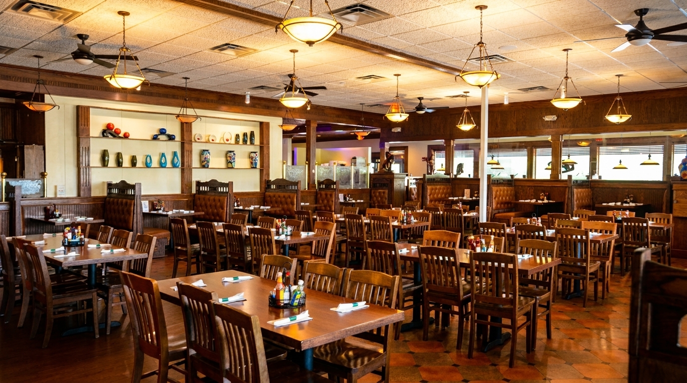 A spacious, empty dining room with numerous wooden tables and chairs, and booths along the walls.