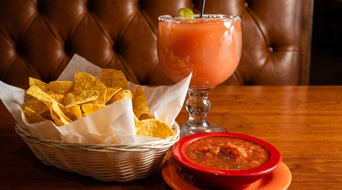 A basket of tortilla chips, a bowl of salsa, and a large red margarita on a wooden table.