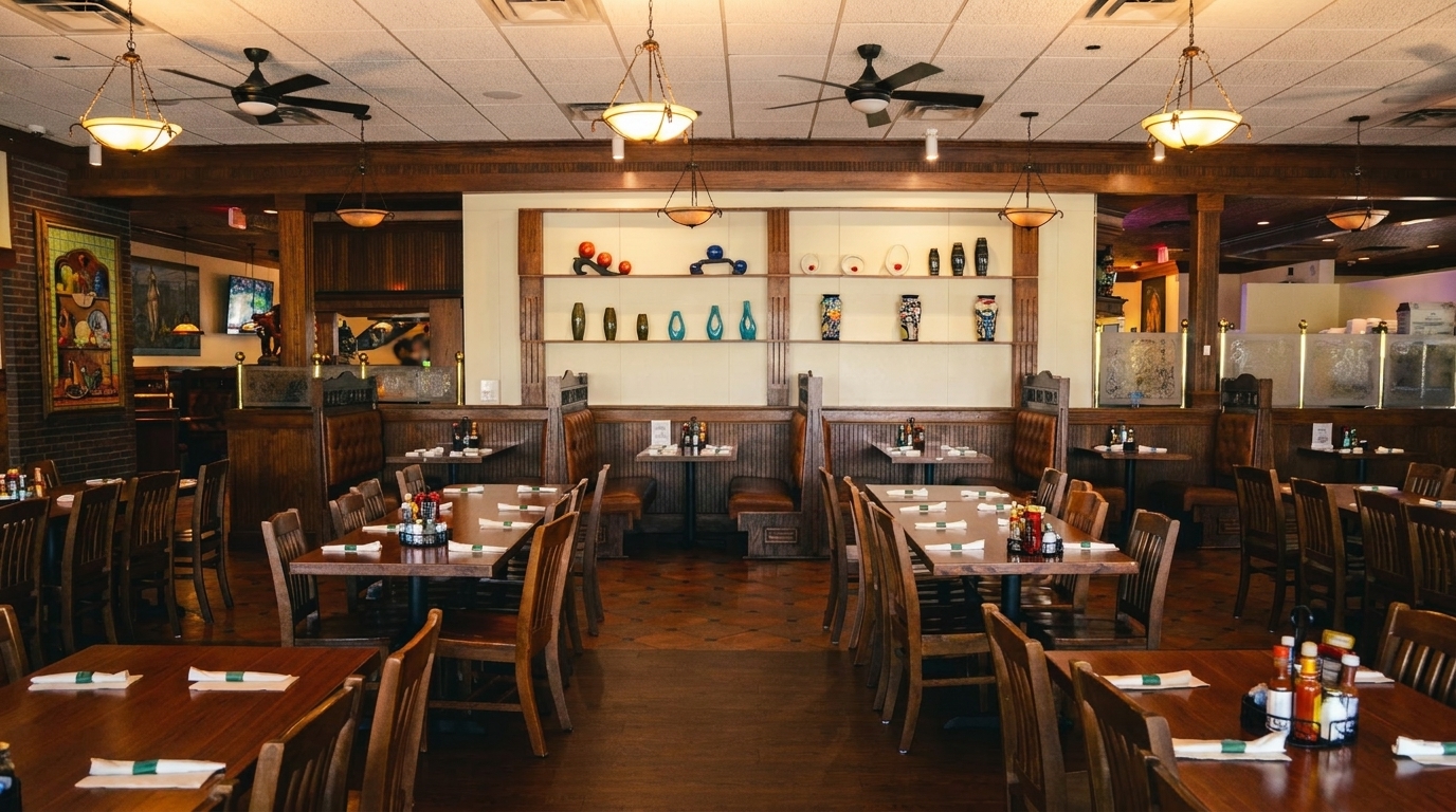 Spacious restaurant interior with wooden tables, chairs, booths, and decorative shelves with vases.