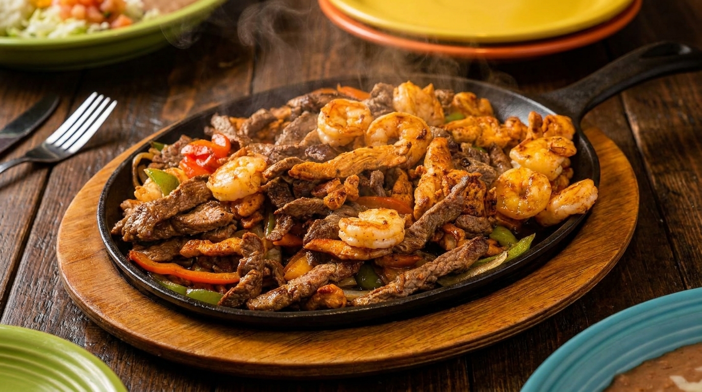 Sizzling fajitas with steak, chicken, shrimp, and colorful peppers on a cast iron skillet.