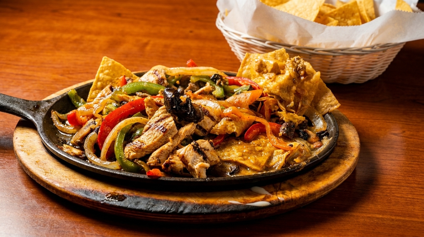 Sizzling chicken fajitas with colorful peppers, onions, and mushrooms in a cast iron skillet with tortilla chips.