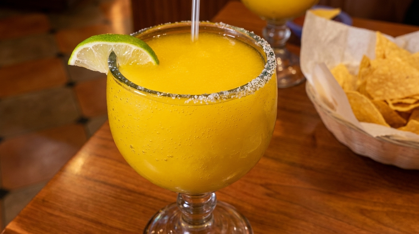 Close-up of a vibrant yellow margarita with a salted rim and lime wedge, next to a basket of tortilla chips.