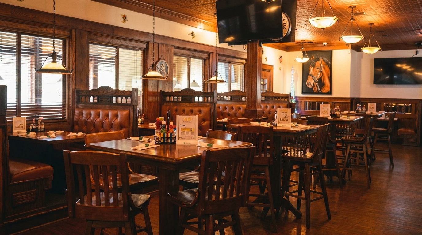 Warmly lit restaurant interior with dark wood paneling, brown leather booths, and high-top tables.