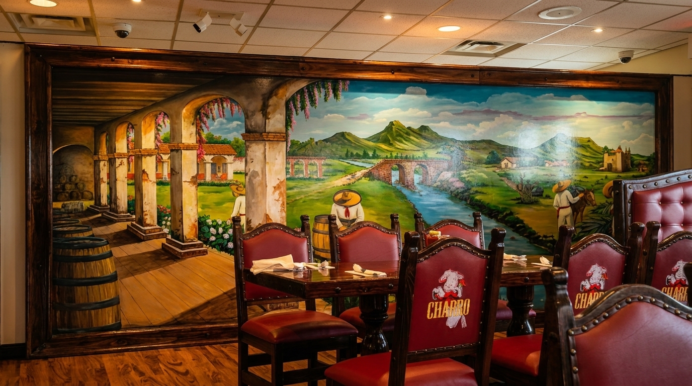 Restaurant dining area with red leather chairs and a large mural depicting a Mexican landscape.