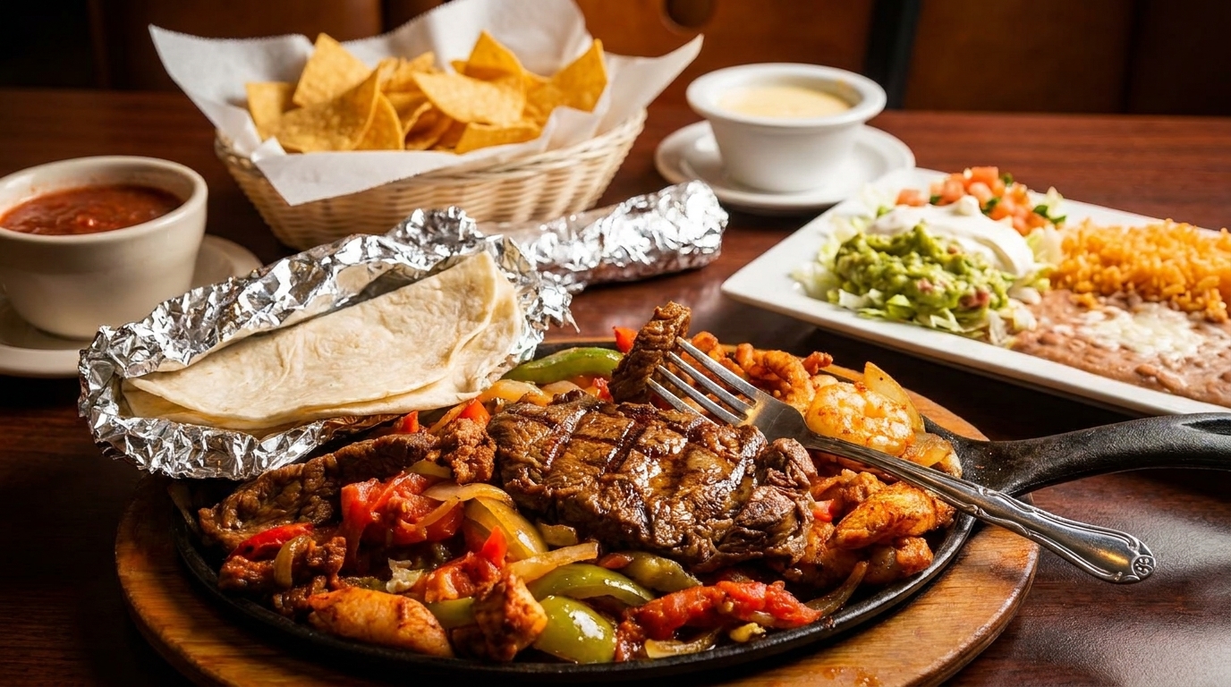 Sizzling fajitas with steak, shrimp, and vegetables, alongside tortillas, chips, salsa, and sides.