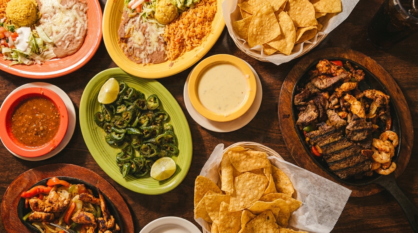 A vibrant spread of Mexican dishes, including fajitas, rice, beans, salsa, queso, and chips.