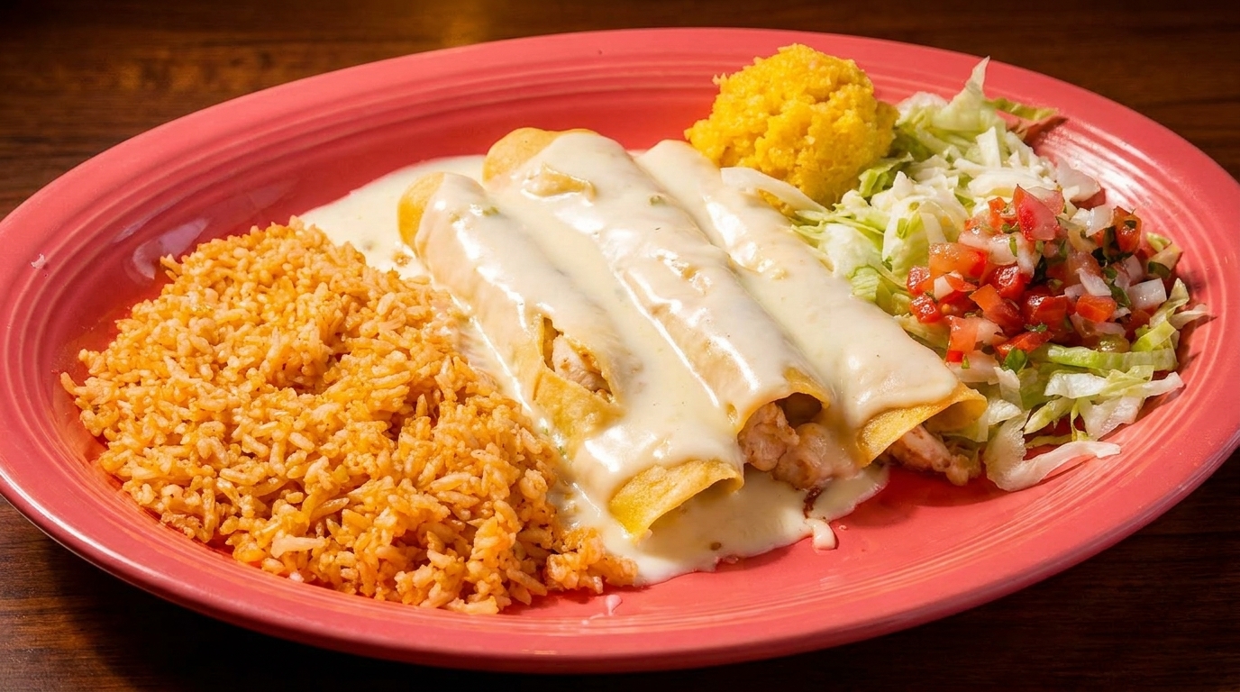 Three chicken enchiladas covered in white cheese sauce, with rice, lettuce, pico de gallo, and yellow rice.