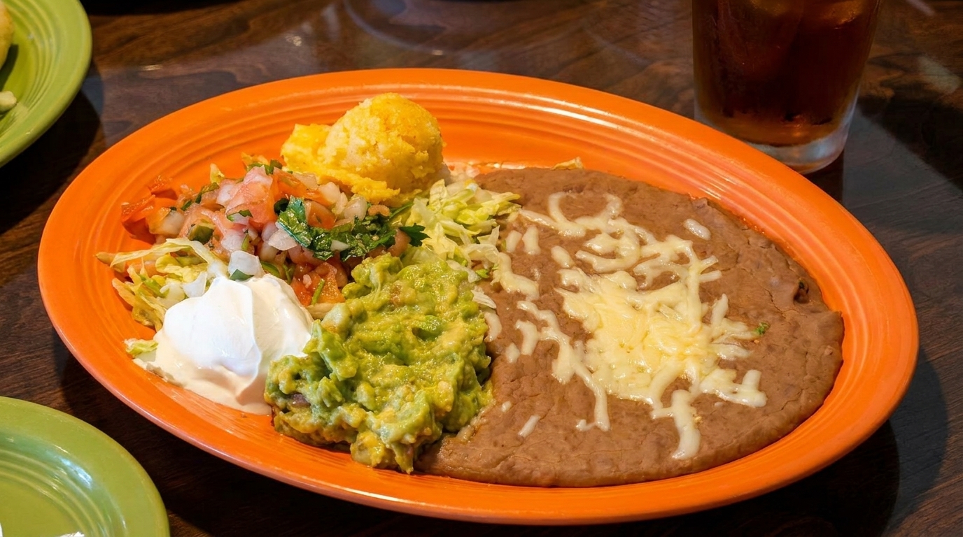 An orange plate holds refried beans with cheese, rice, guacamole, pico de gallo, shredded lettuce, and sour cream.