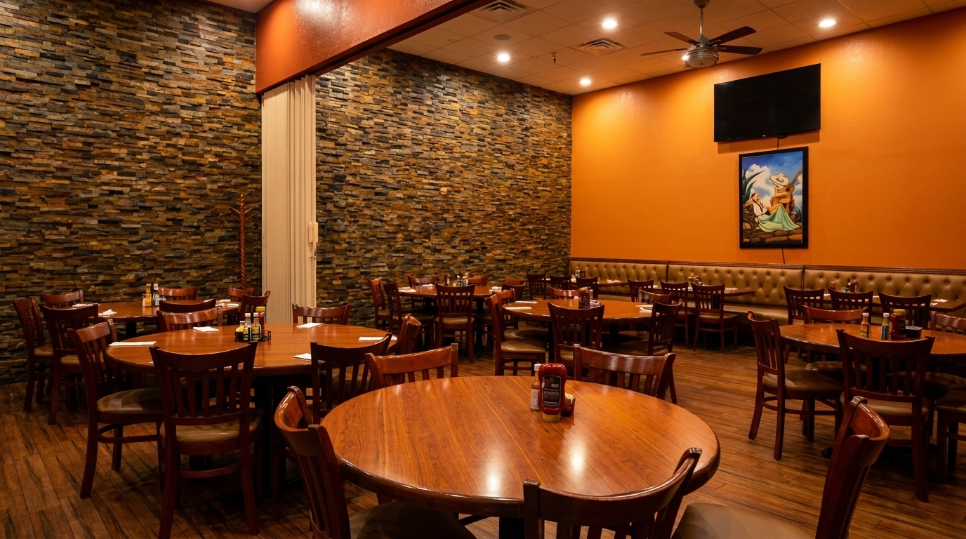 Empty restaurant dining room with wooden tables and chairs, stone accent wall, and orange walls.