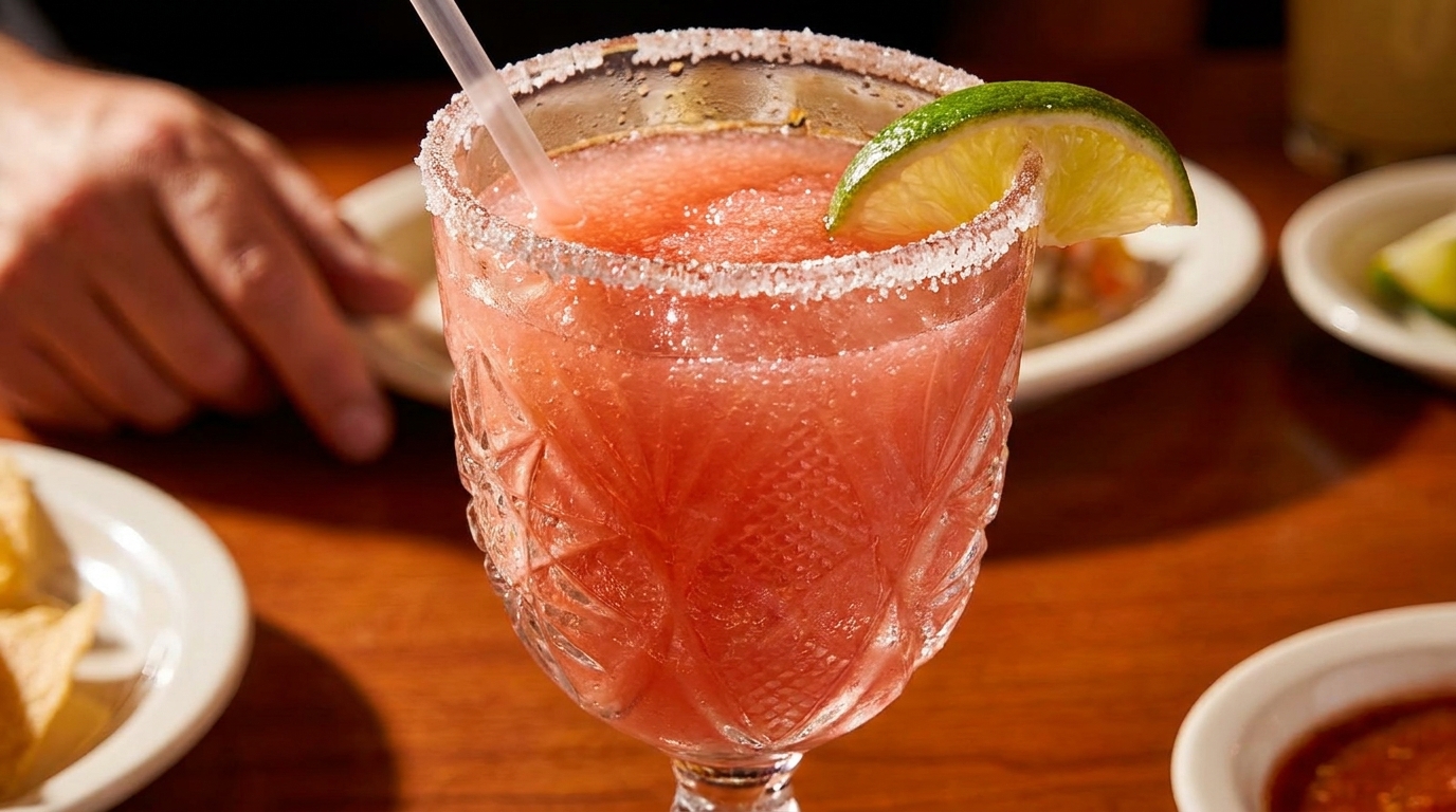 A vibrant red frozen margarita with a salted rim and lime wedge, next to a person's hand.