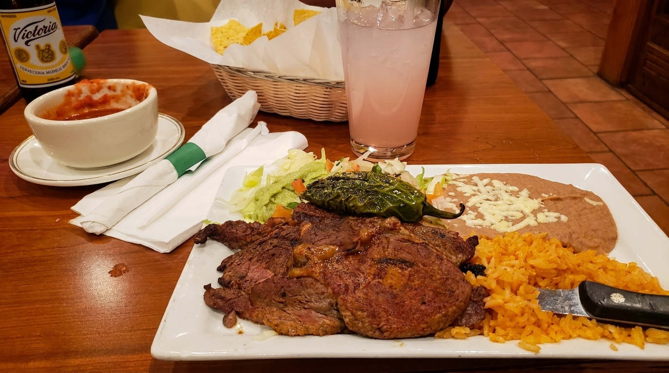 A Mexican dinner with steak, rice, beans, salad, salsa, chips, and drinks on a wooden table.