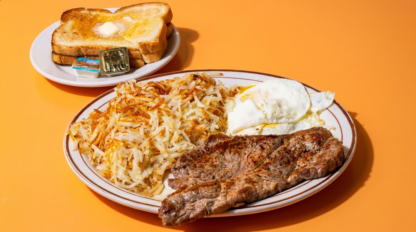 Steak and eggs breakfast with hash browns and buttered toast on an orange background.