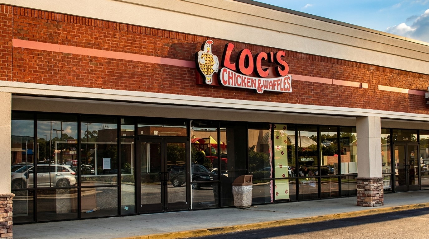 Exterior of Loc's Chicken & Waffles restaurant with a brick facade and large glass windows.