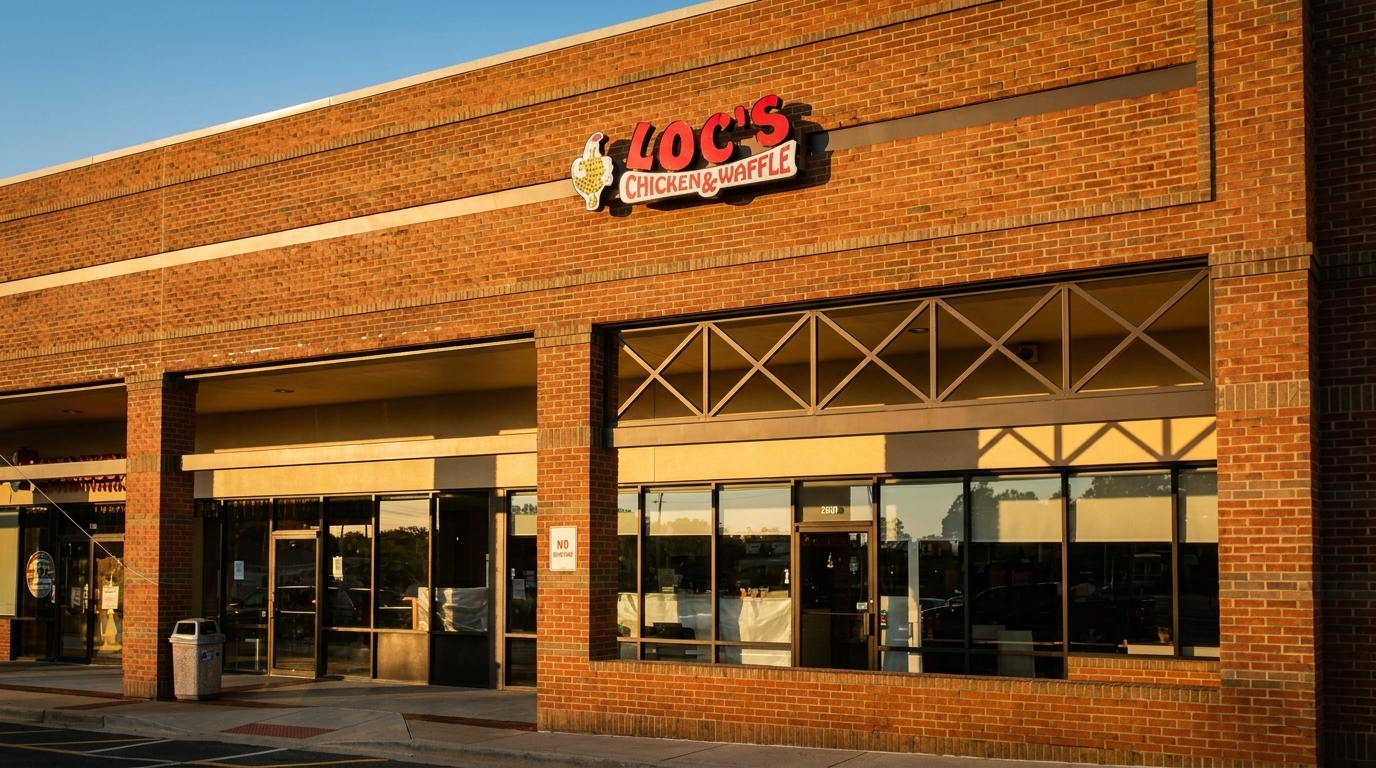 Exterior of Loc's Chicken & Waffle restaurant, a brick building with large windows and a red sign.