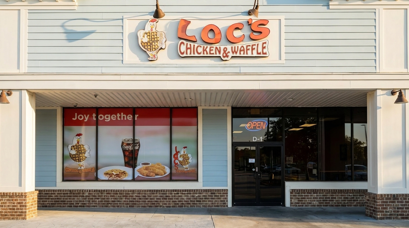 The exterior of Loc's Chicken & Waffle restaurant with a blue and white facade and large window decals.