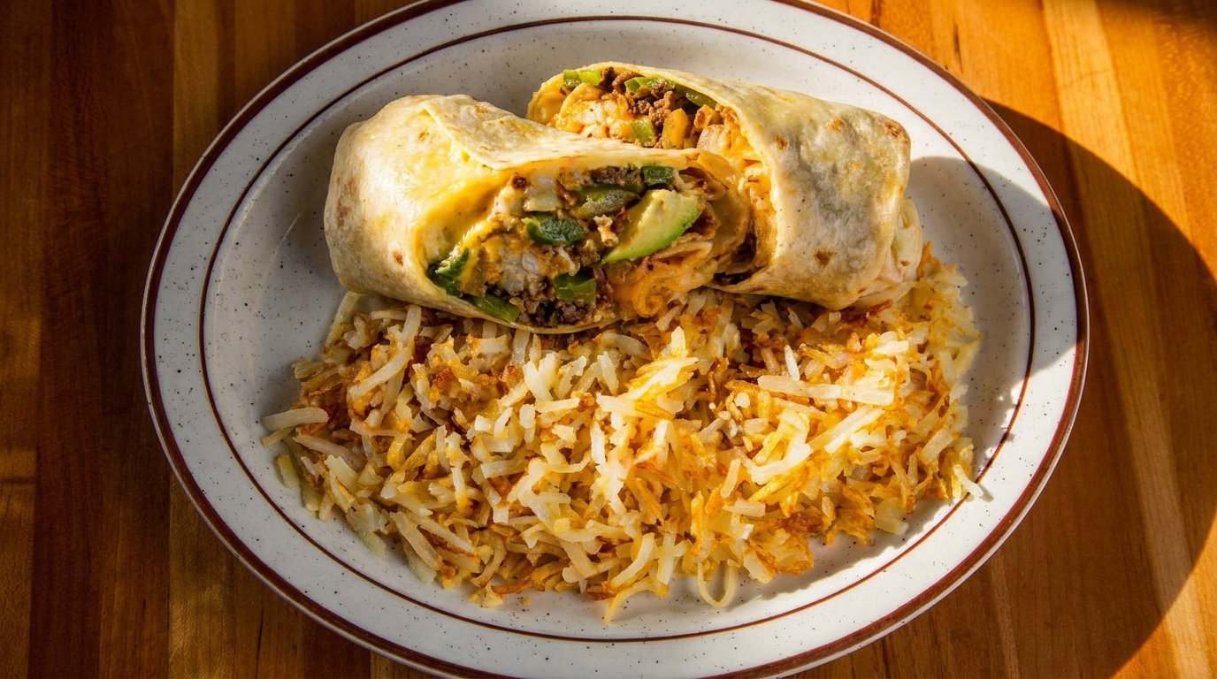 A breakfast burrito, cut in half to show its fillings, served with a side of hash browns.
