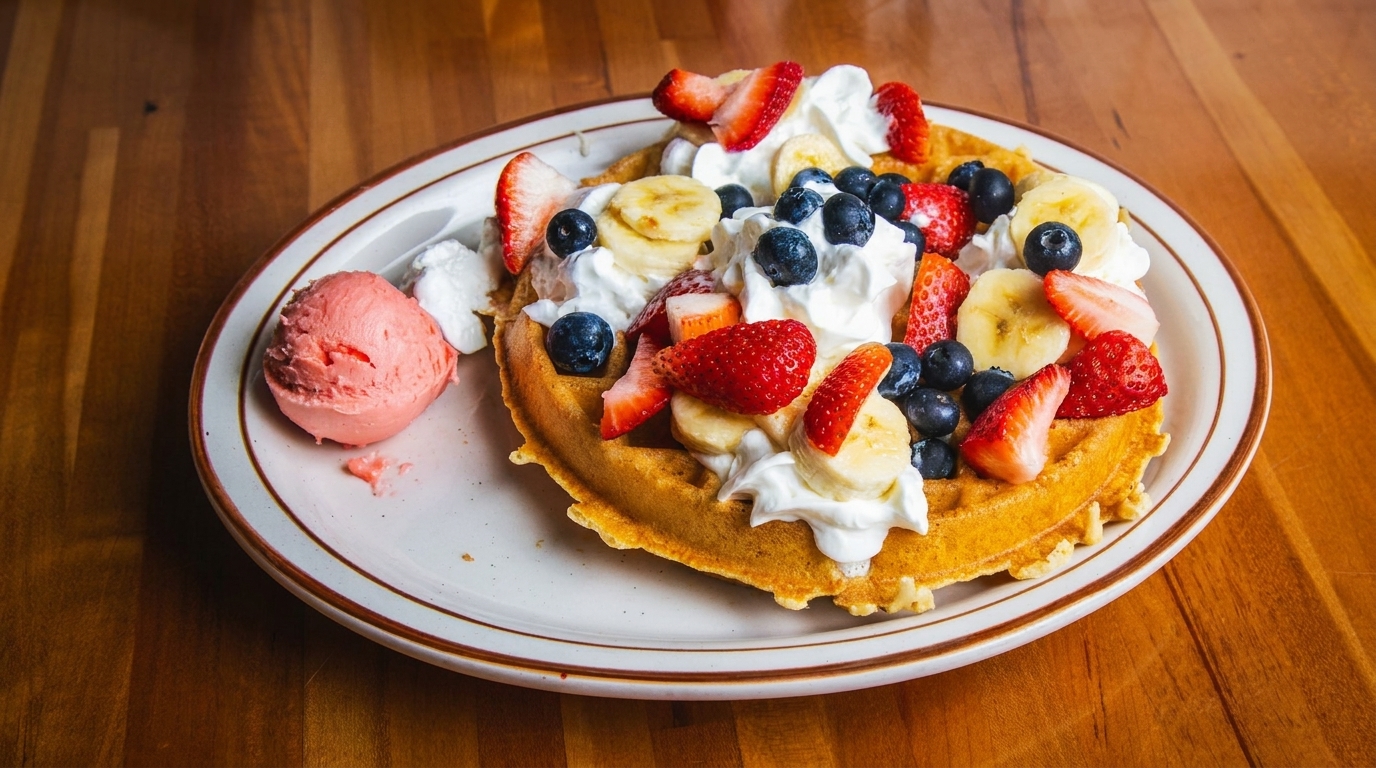 Golden waffle topped with whipped cream, strawberries, blueberries, bananas, and a scoop of pink ice cream.