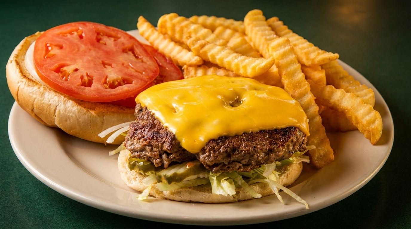 Cheeseburger with melted cheese, lettuce, pickles, and a side of crinkle-cut fries.