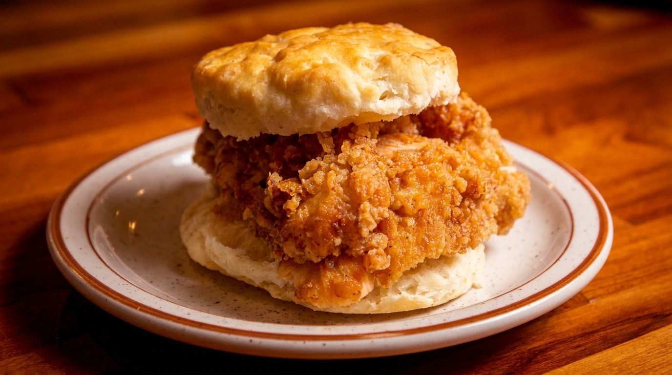 Golden-fried chicken fillet nestled between two fluffy biscuits on a speckled plate.
