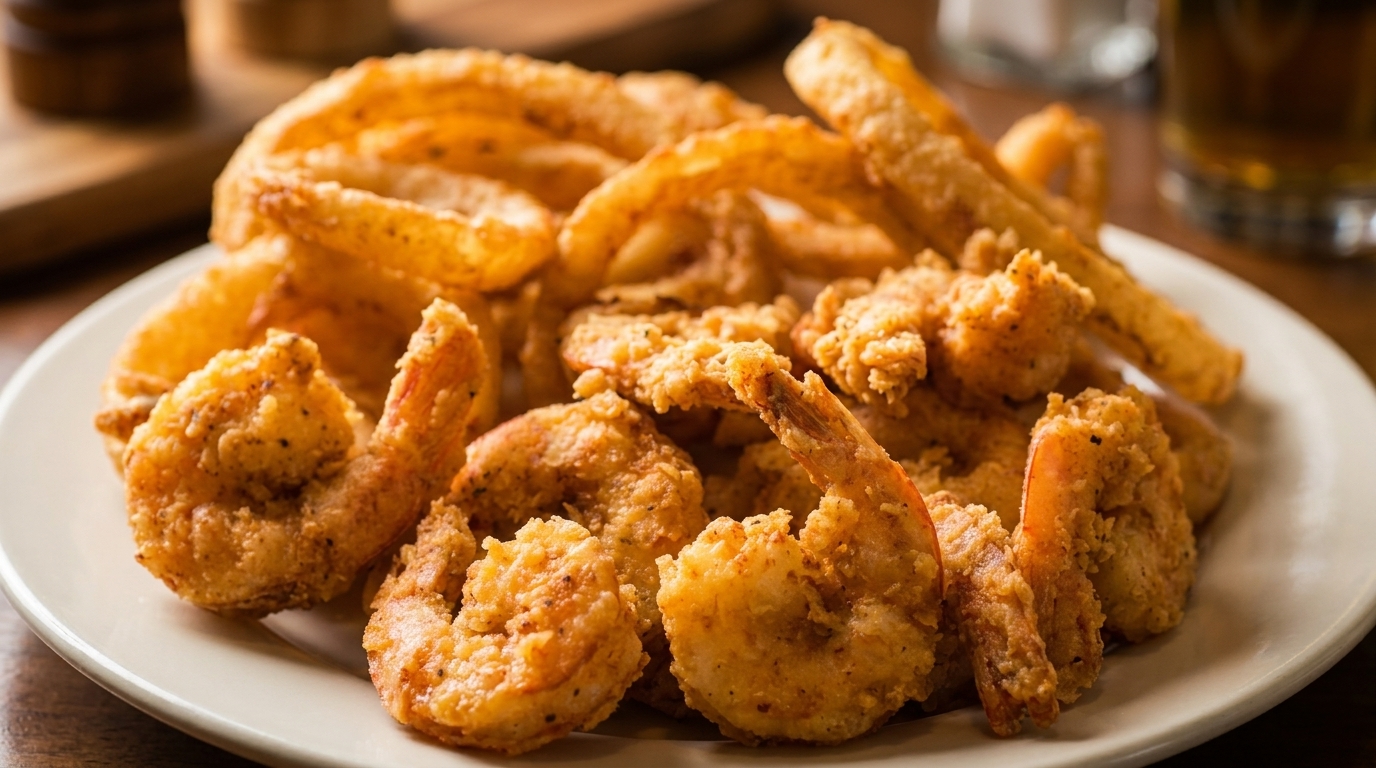 Crispy fried shrimp and golden onion rings on a white plate, with a drink in the background.