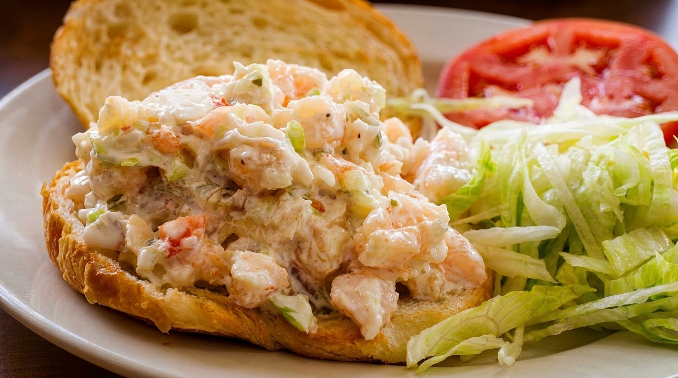 Shrimp salad on toasted bread with shredded lettuce and sliced tomatoes on a white plate.