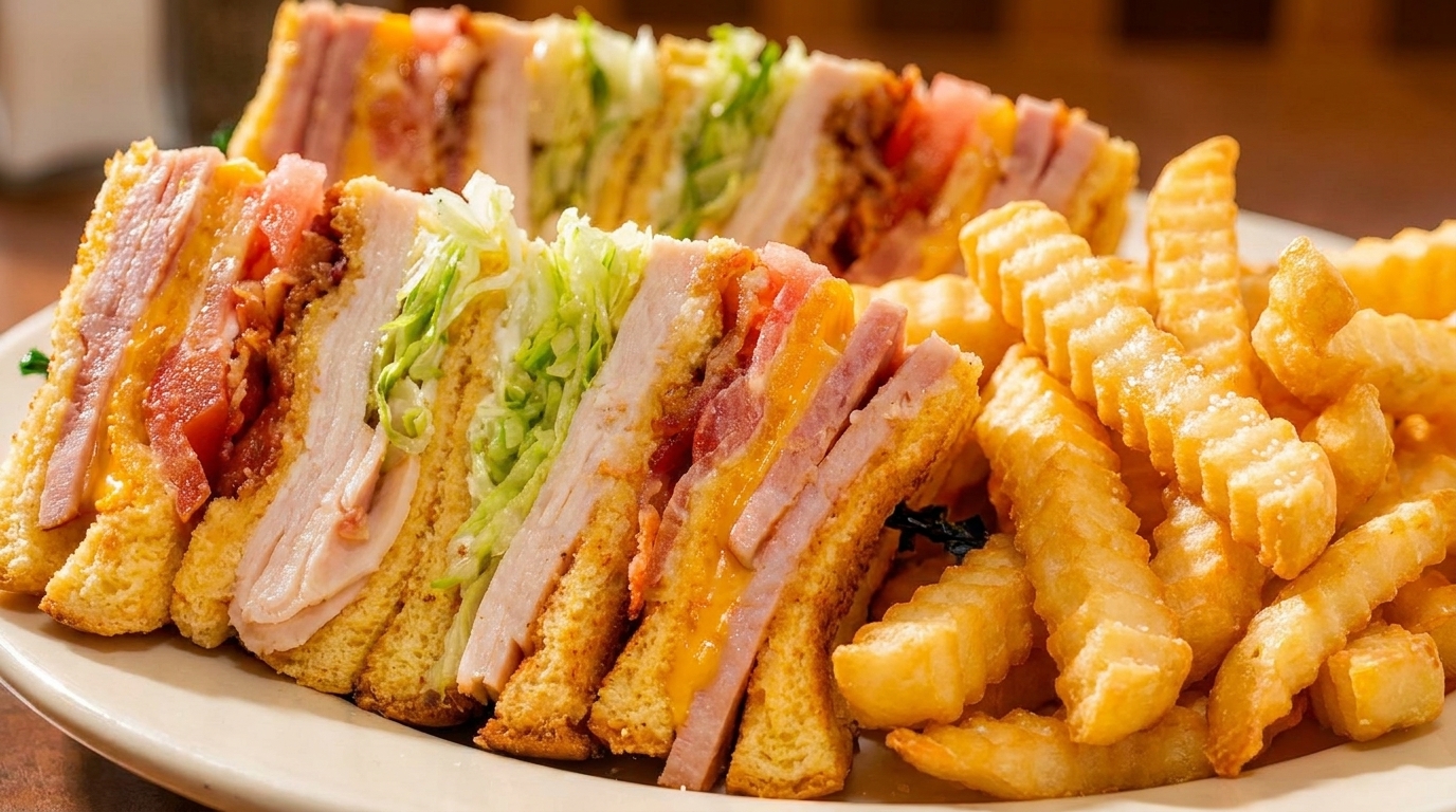 A plate of club sandwiches with turkey, ham, bacon, lettuce, tomato, and cheese, served with crinkle-cut fries.