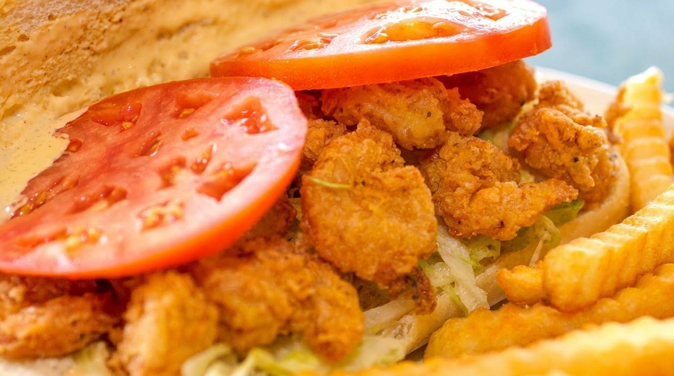 Close-up of a shrimp po'boy sandwich with lettuce, tomato, and a side of crinkle-cut fries.