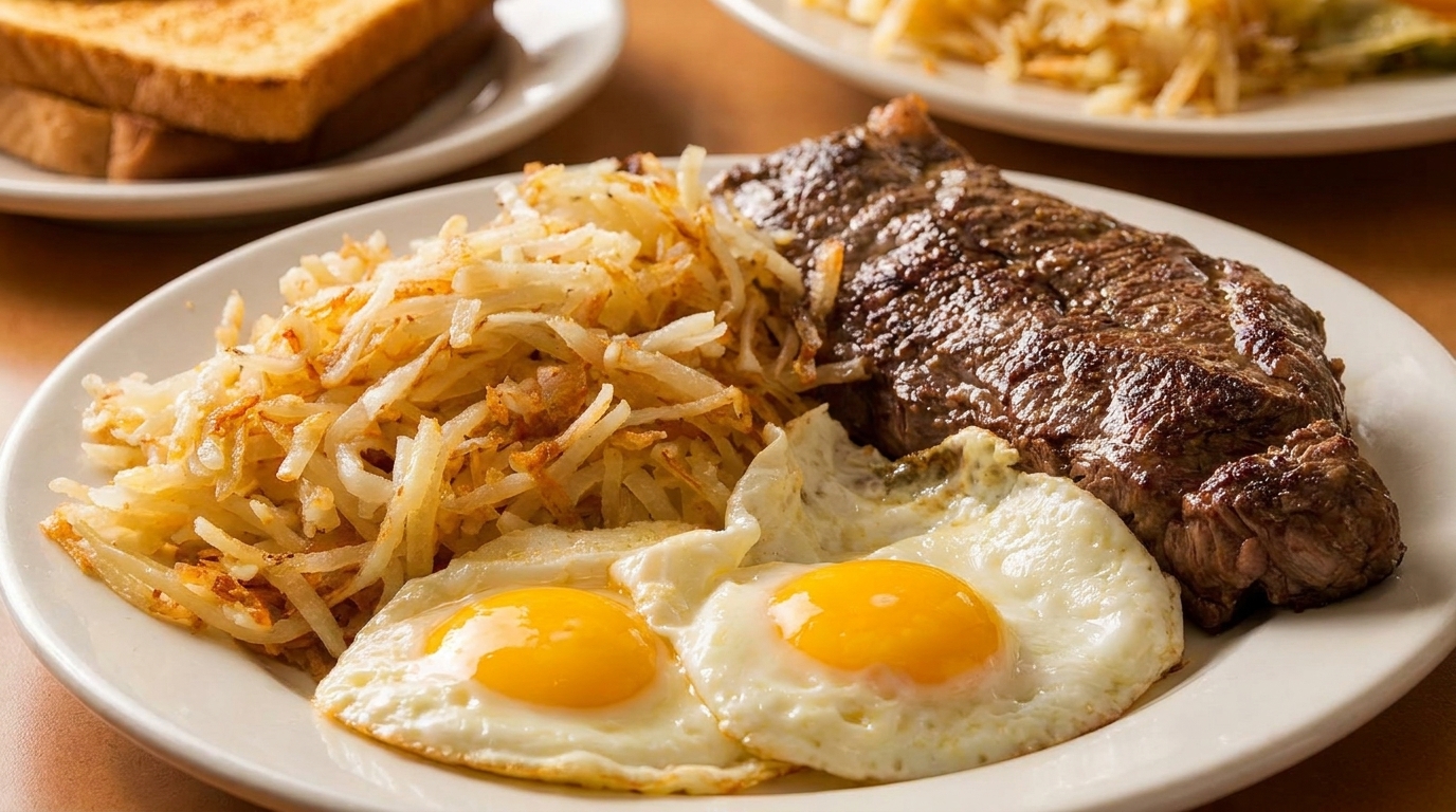 A breakfast plate with steak, hash browns, and two sunny-side-up eggs, with toast in the background.