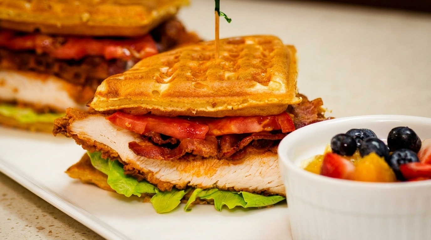 A chicken and waffle sandwich with lettuce, tomato, and bacon, served with a fruit cup.