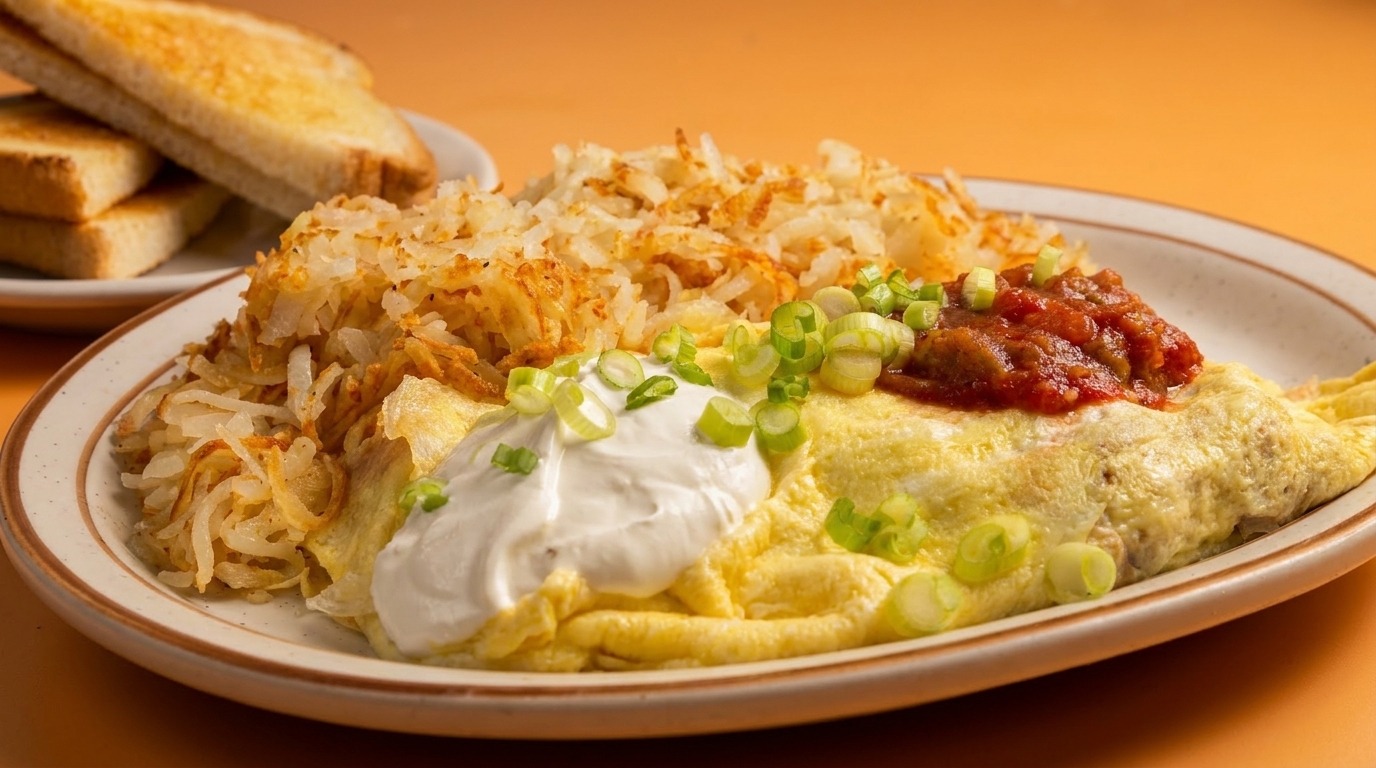 Omelet with hash browns, sour cream, salsa, and green onions, with toast in the background.