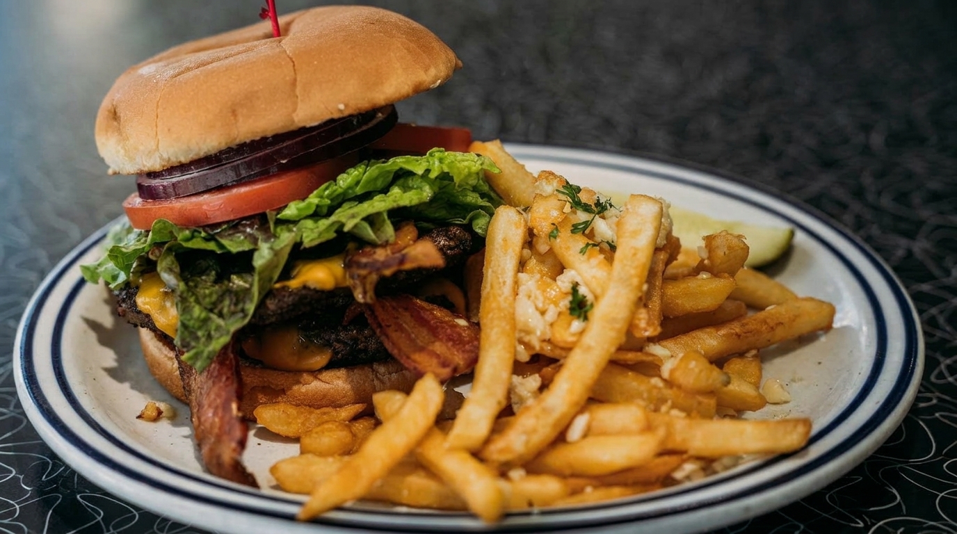 A juicy bacon cheeseburger with lettuce, tomato, and onion, served with a side of loaded fries.