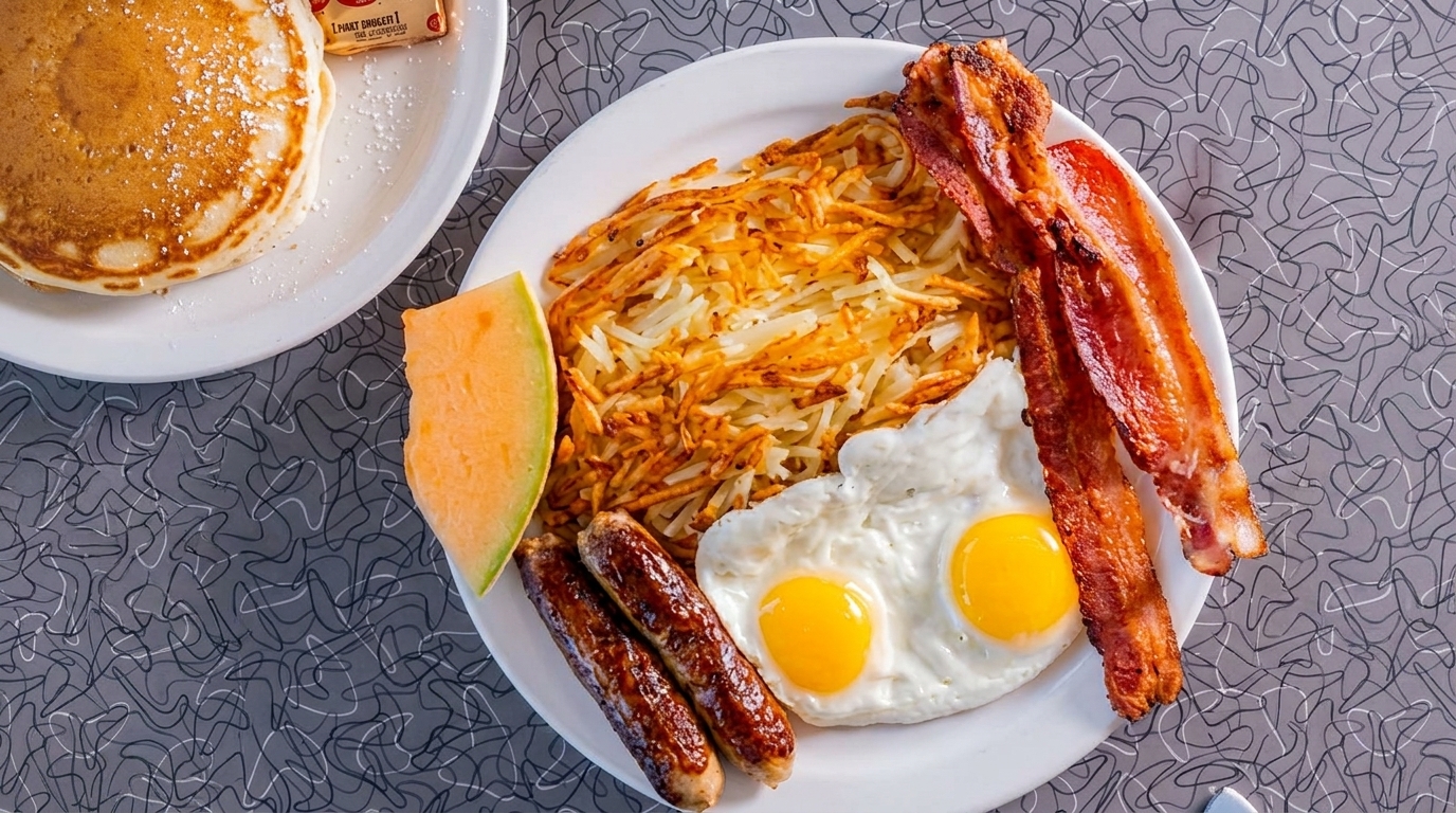 A diner breakfast with pancakes, bacon, sausage, hash browns, fried eggs, and a melon slice.