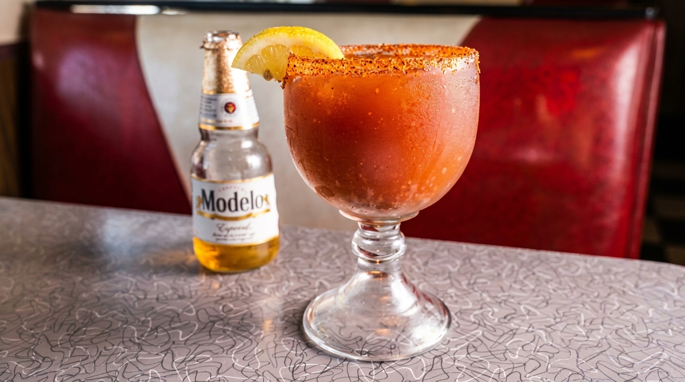 A Modelo beer bottle and a michelada with a lemon wedge sit on a diner table.