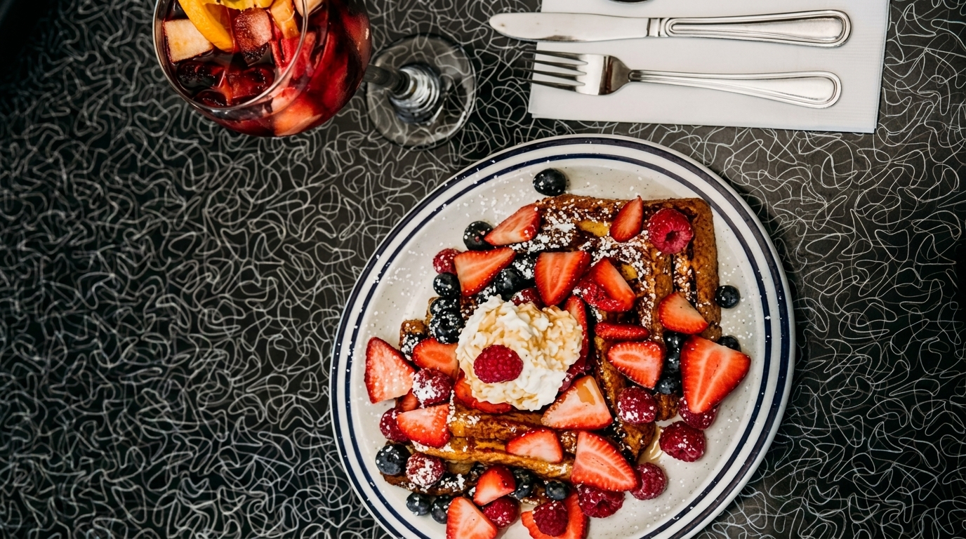 Overhead view of French toast with berries, whipped cream, and a glass of sangria on a patterned table.