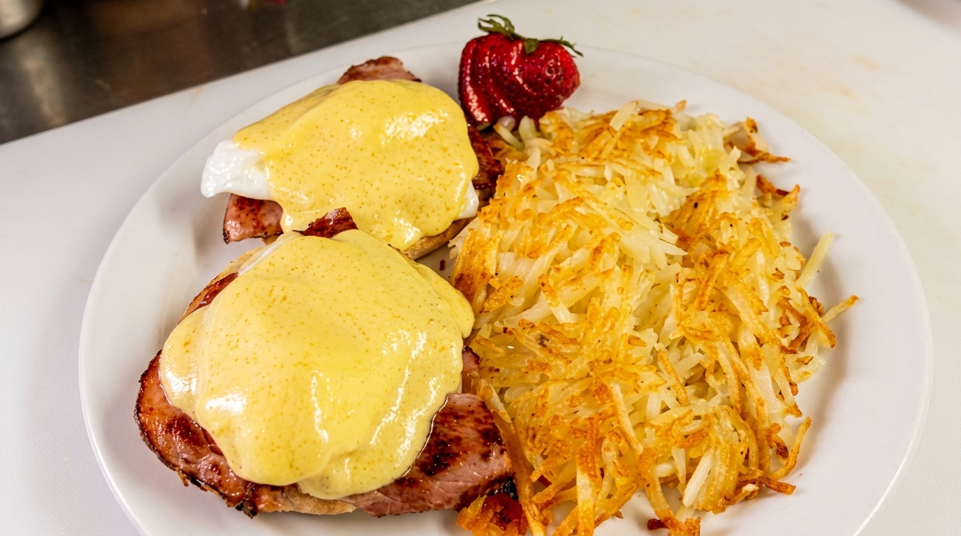 Eggs Benedict with hollandaise sauce, ham, hash browns, and a strawberry on a white plate.