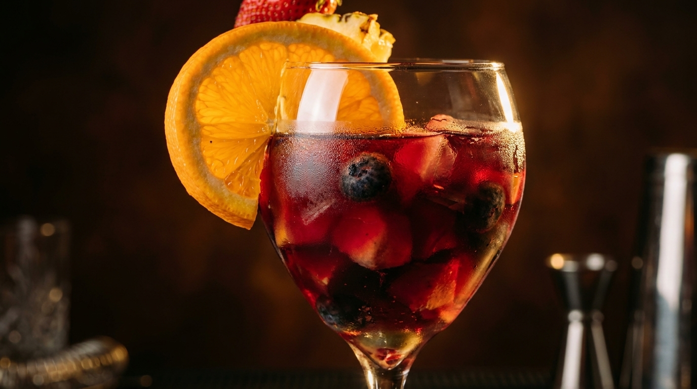 Close-up of a sangria glass with fruit, ice, and an orange slice garnish.