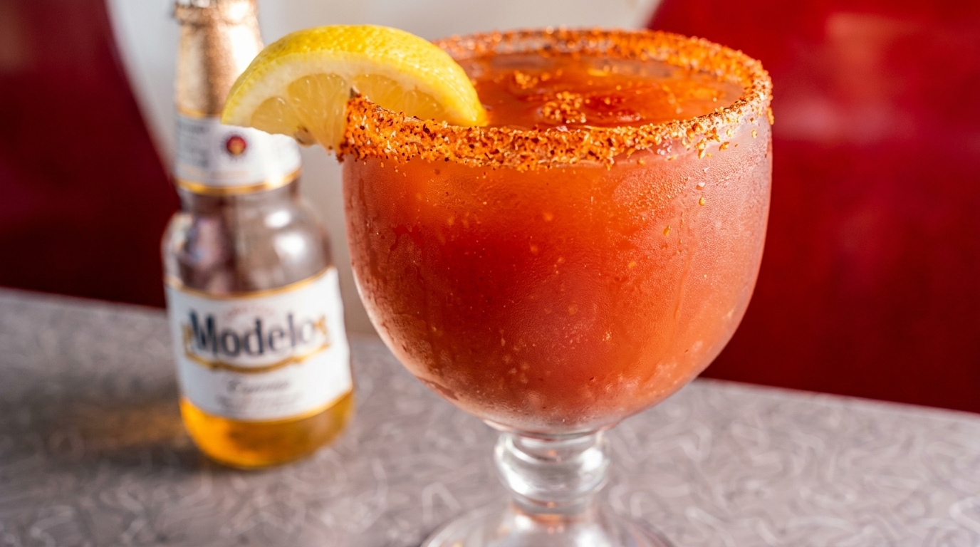 A Modelo beer bottle next to a michelada in a goblet, garnished with a lemon slice.