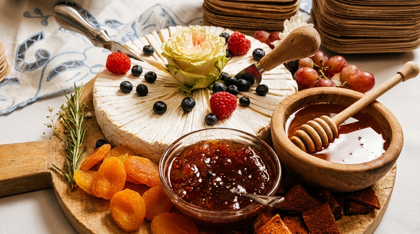 A cheese board with brie, blueberries, raspberries, dried apricots, fig jam, honey, and grapes.