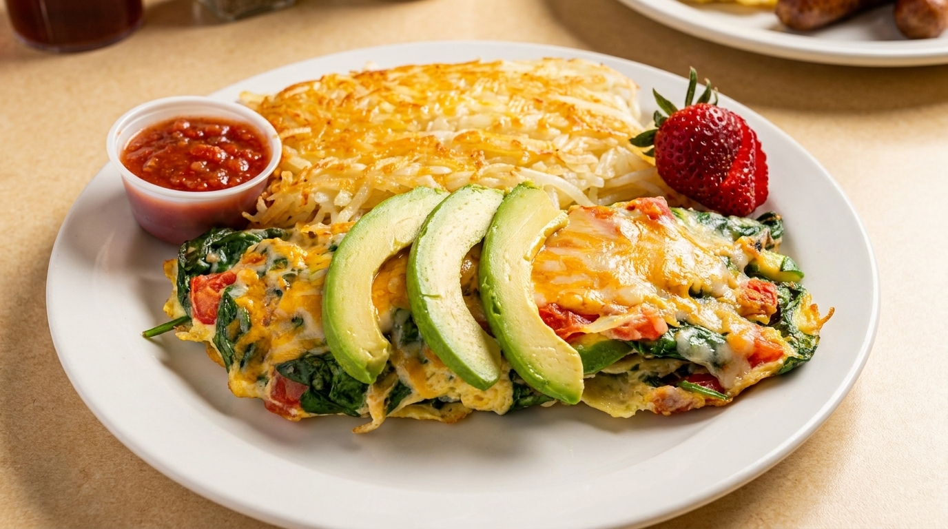 A spinach and tomato omelet topped with avocado slices, hash browns, salsa, and a strawberry.