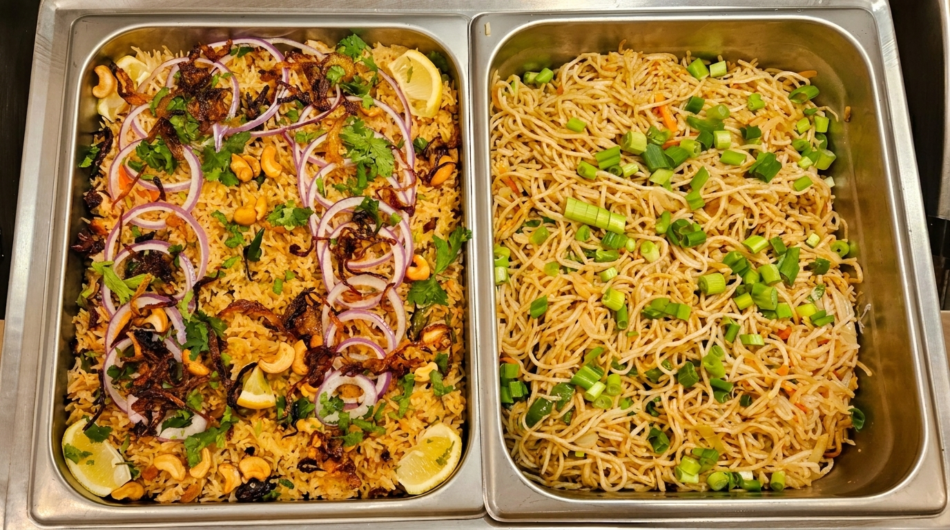 Two buffet trays, one with biryani garnished with cashews, onions, and lemon, the other with noodles and scallions.