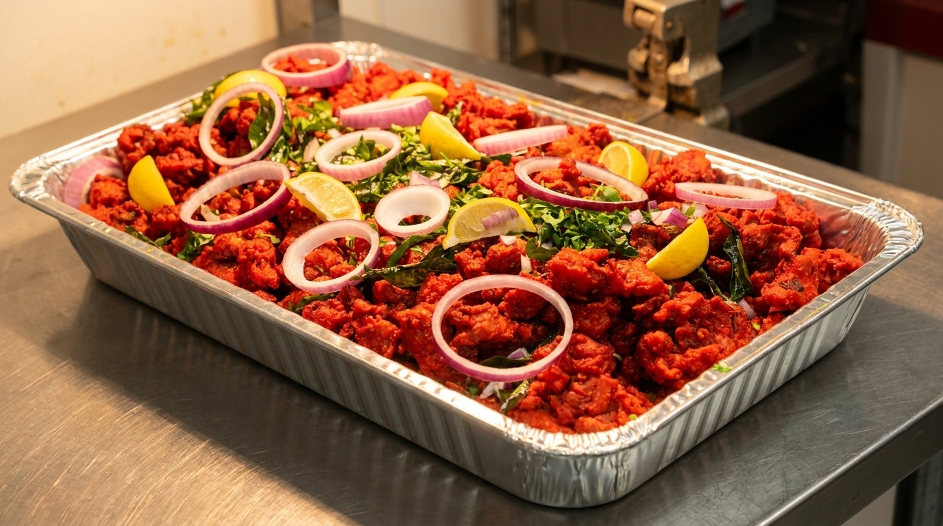 A large foil tray of bright red chicken 65, garnished with lemon wedges, red onion, and herbs.