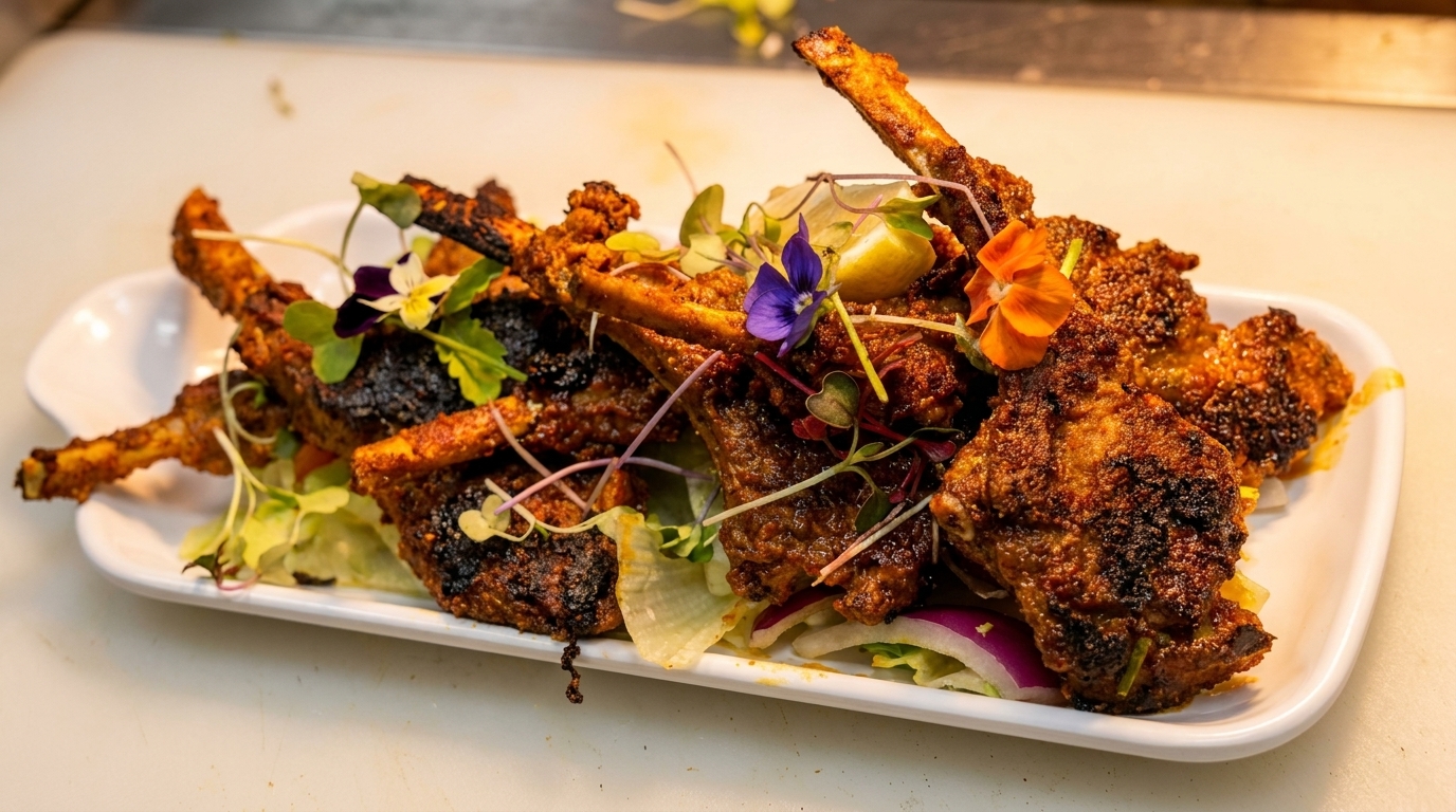 Spicy lamb chops garnished with edible flowers, microgreens, and lemon on a bed of lettuce.