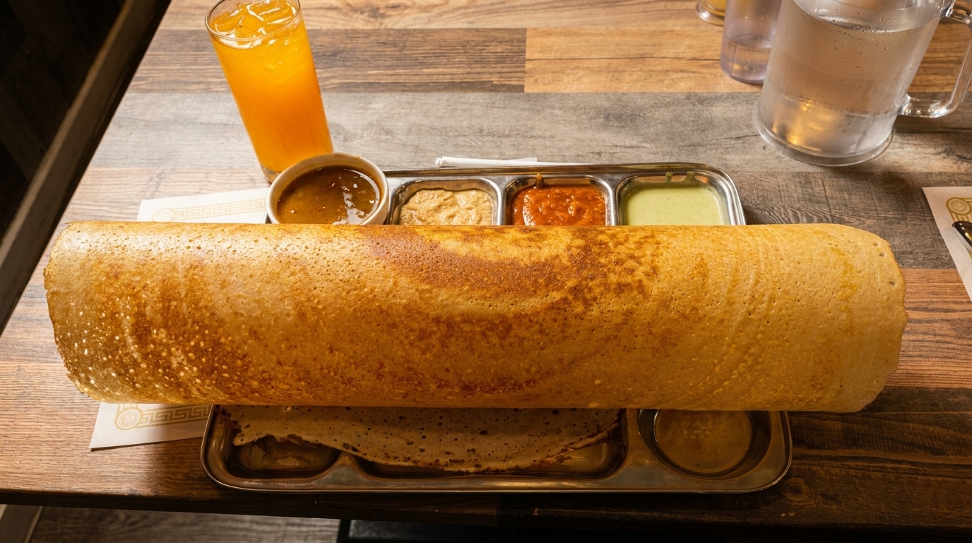 A long, golden-brown dosa served with various chutneys and a glass of orange juice on a wooden table.