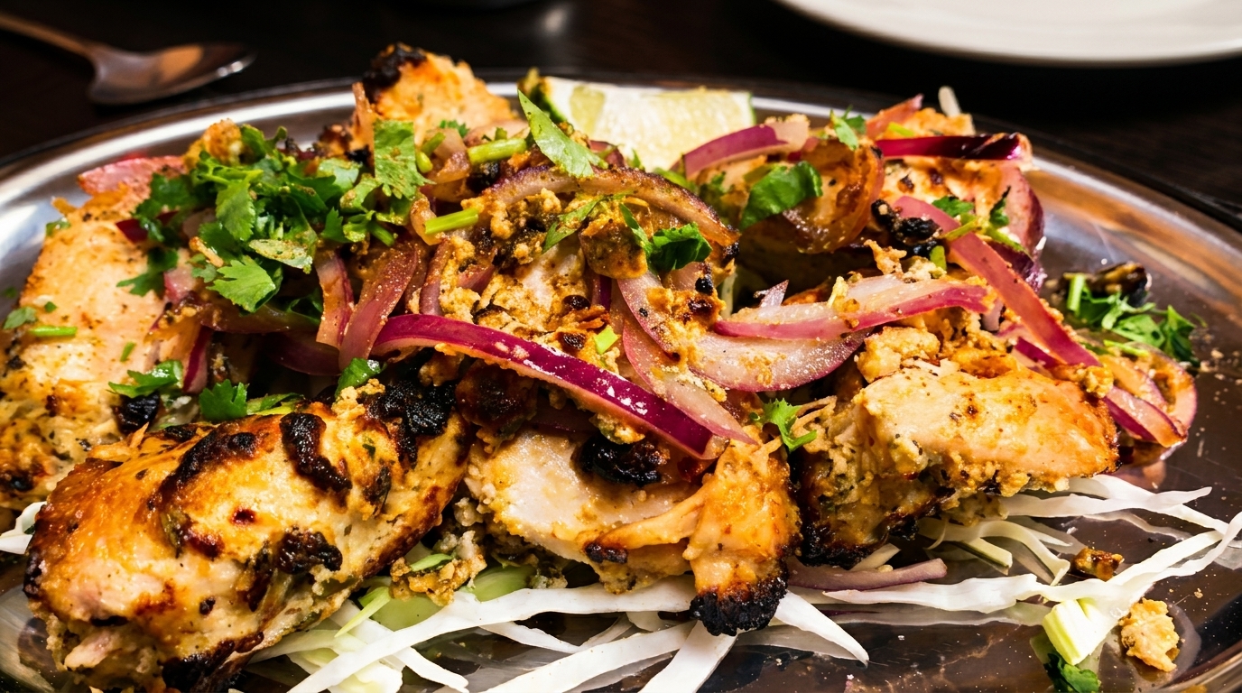 Grilled chicken tikka with red onions, cilantro, and lime on a metal platter.