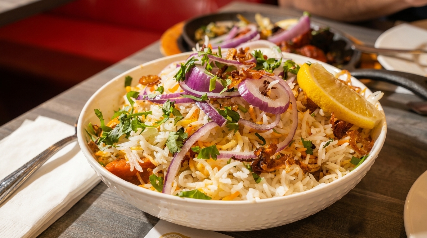 A bowl of biryani with rice, red onions, cilantro, and a lemon wedge on a wooden table.