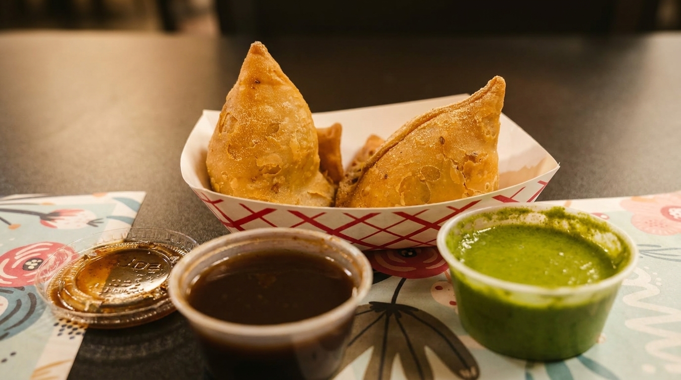 Golden-brown samosas in a paper tray, with green and brown dipping sauces on a floral placemat.