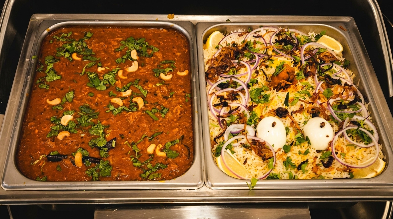 Two buffet trays, one with red curry and cashews, the other with biryani, eggs, and onions.