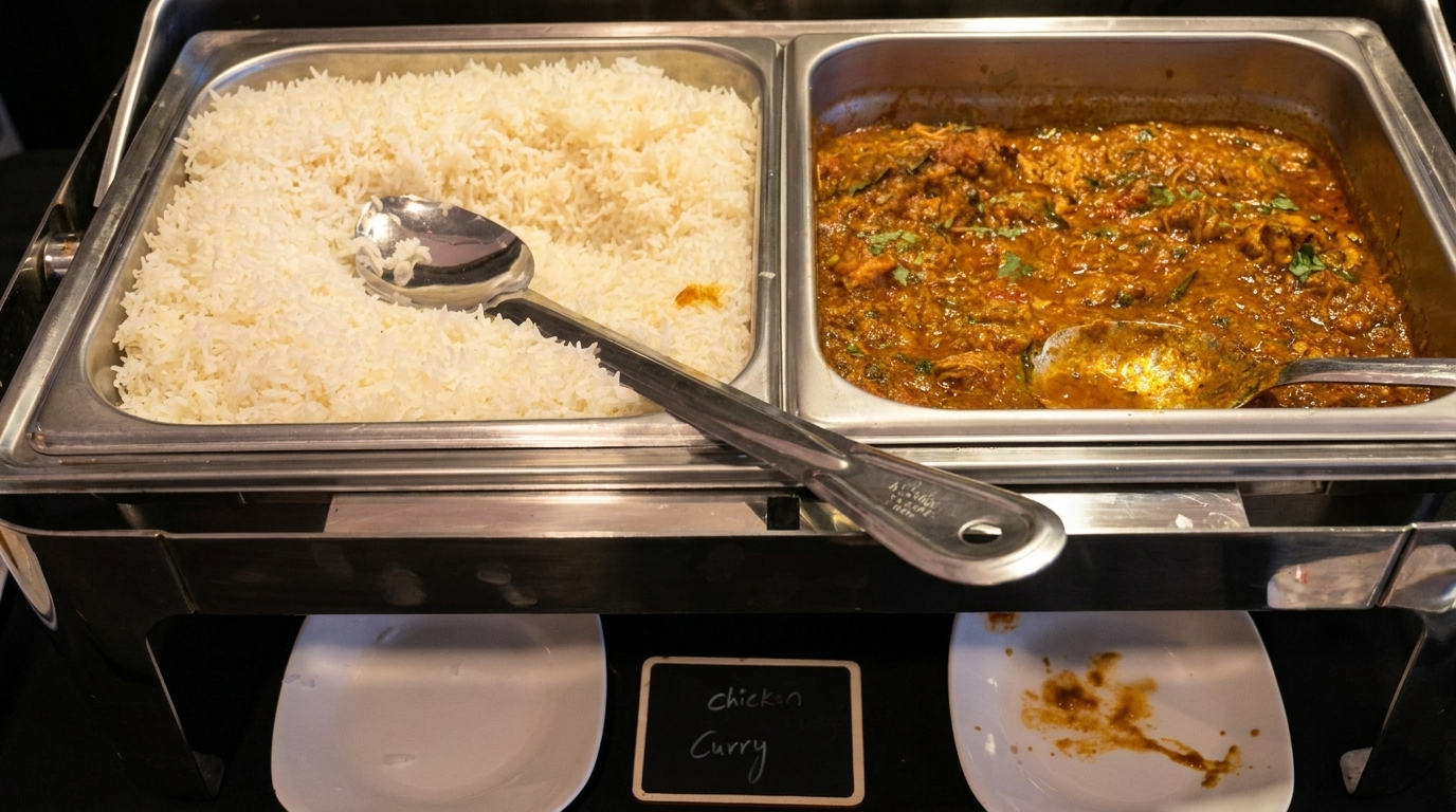 Buffet with white rice and chicken curry in metal serving dishes, with a "chicken curry" sign.